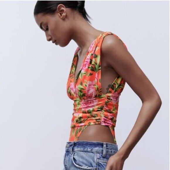 Zara NWT Orange Floral Stretch Deep V Neck Sleeveless Draped Bodysuit Medium - Picture 3 of 16